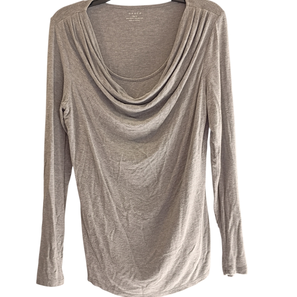 Grace‎ Top Women M Gray Knit Cowl Neck Long Sleeve Stretch Lightweight Y2K Top
